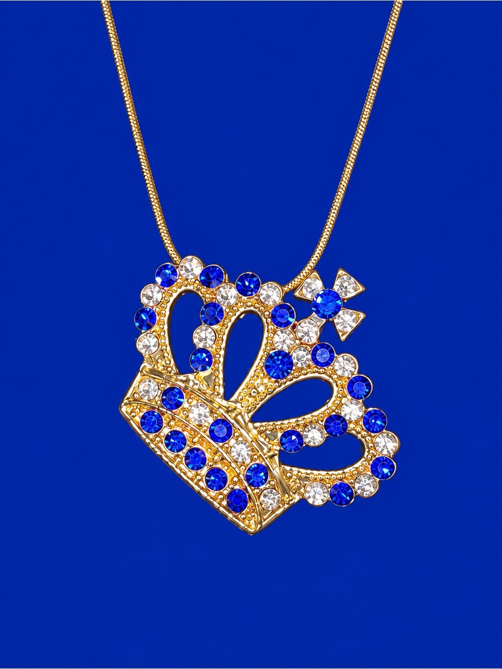 Gold Crown Pendant Necklace with Blue Sapphires and Clear Stones